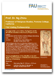 Flyer für den Vortrag "Tracing Imaginations of the Afterlife on the Silk Road – Transformations of Bodhisattva Kṣitigarbha (Dizang) at Dunhuang" von Prof. Dr. Ng Zhiru and Prof. Dr. Esther-Maria Guggenmos.