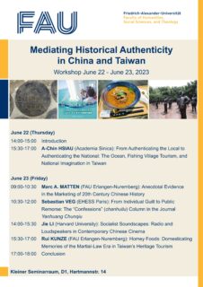 Poster für den Workshop "Mediating Historical Authenticity in China and Taiwan" mit Zeitplan.