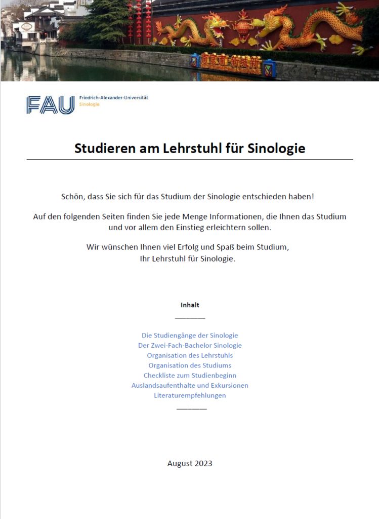 Ein Bild des Covers des Leitfadens für Erstsemester im BA Studiengang der Sinologie
